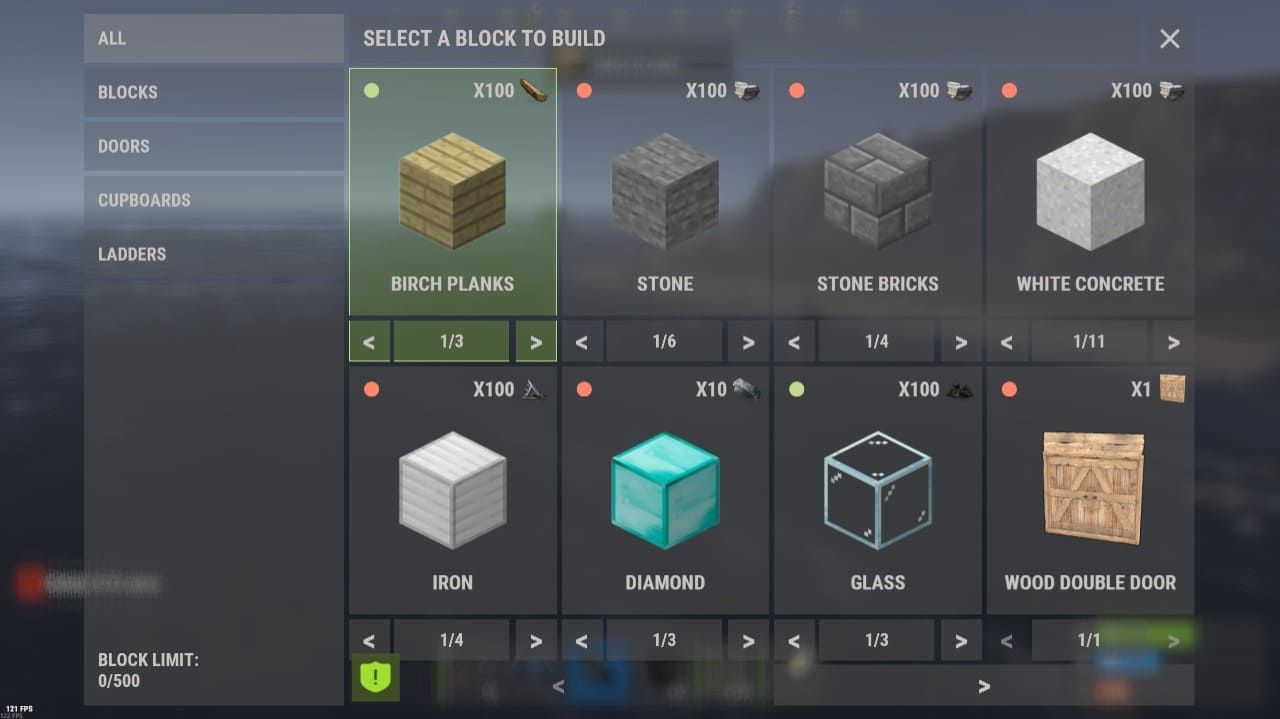 Cube Build block selection menu