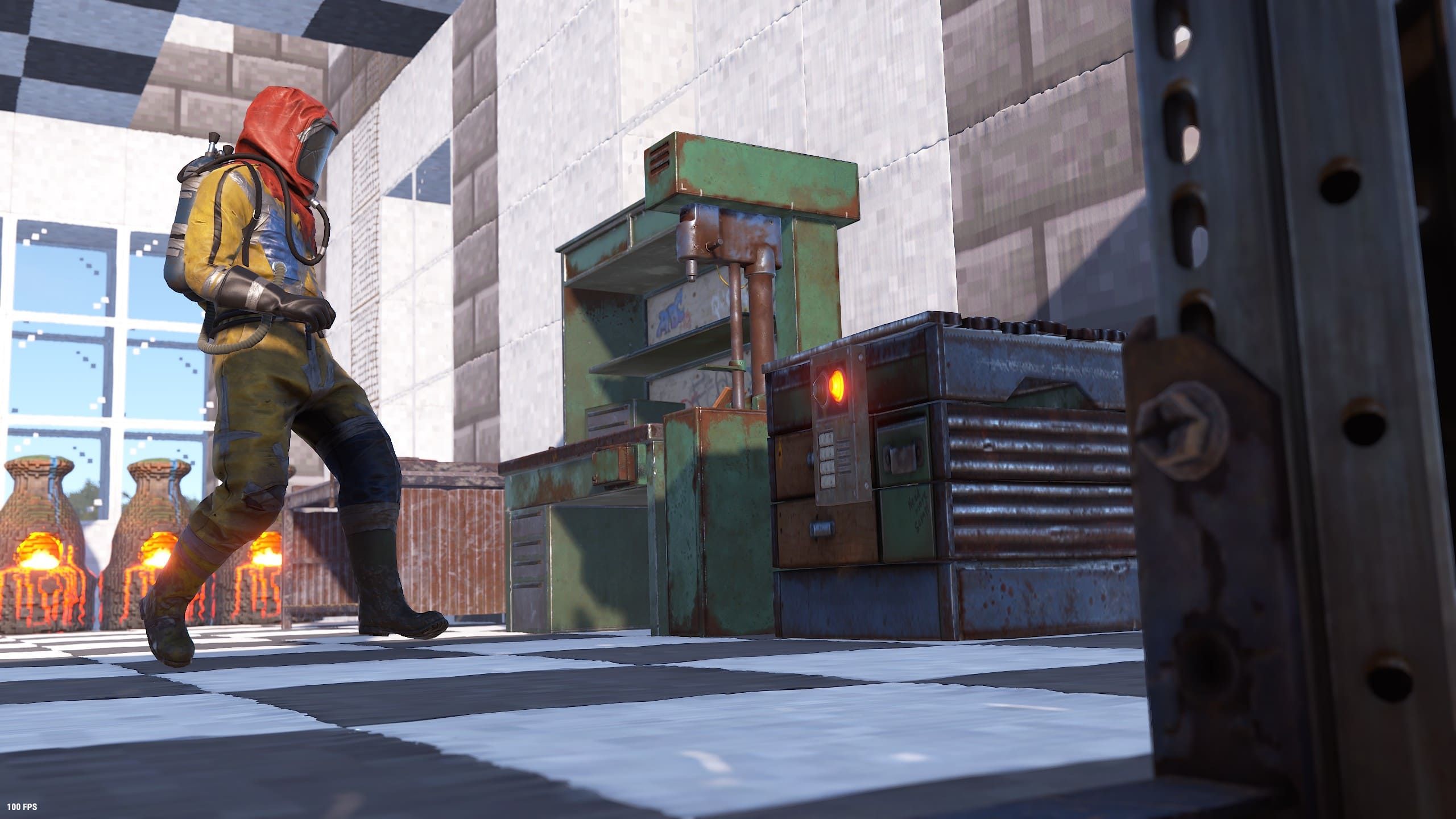 Workbenches and equipment inside a cube build