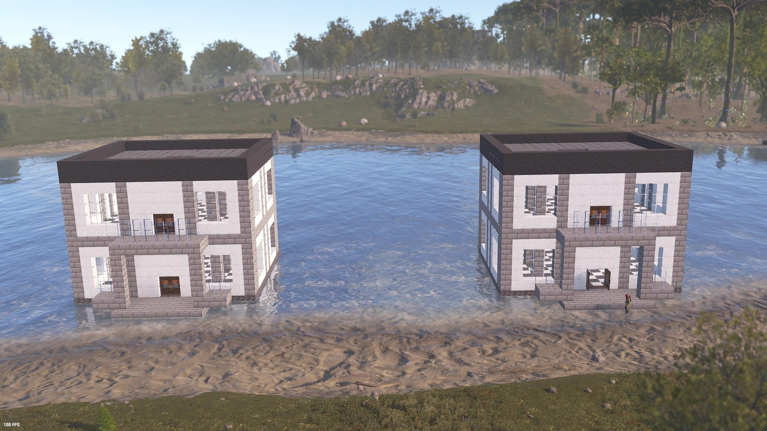 A stone manor built on a lakeshore