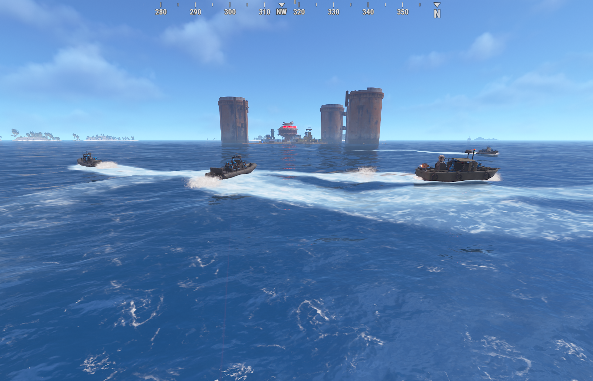 Players racing across the water in RHIBs