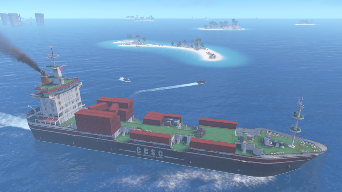 A cargo ship sailing between the islands of the Deep Sea