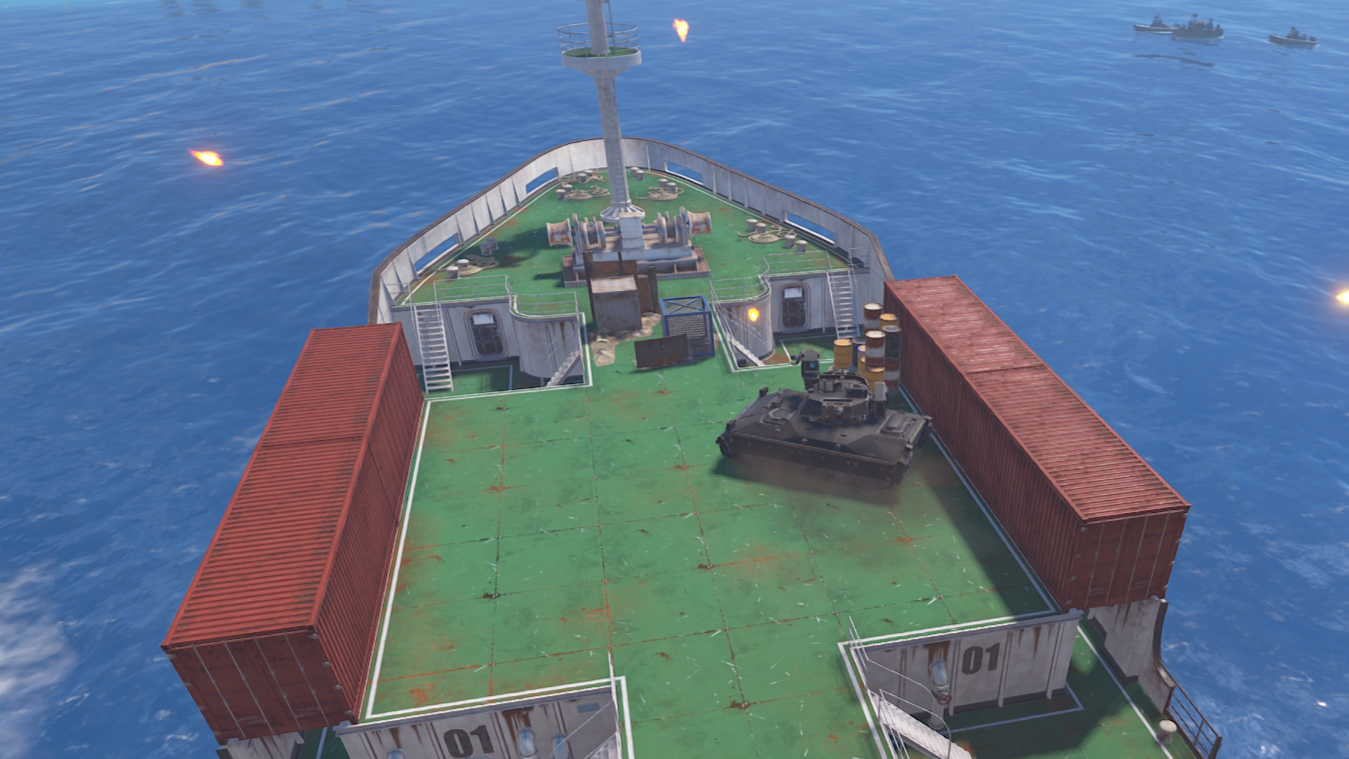 A Bradley APC patrolling the deck of the cargo ship